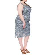 Michael Kors Women's Plus Size Paisley Crew Neck Drape Sleeveless Dress Midnight Blue